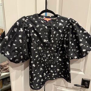 Black Puff Sleeve Blouse with Silver Pattern